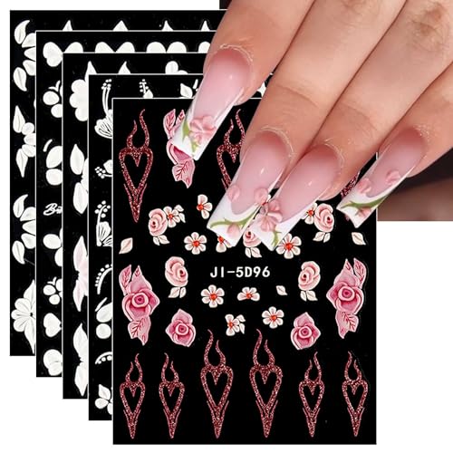 JMEOWIO 6 Blatt 3D Nagelsticker Blumen Nail Art Sticker Selbstklebend Nagelaufkleber 5D Stereoskopisch Frühlings Blume Dekoration Nageldesign Zubehör von jmeowio