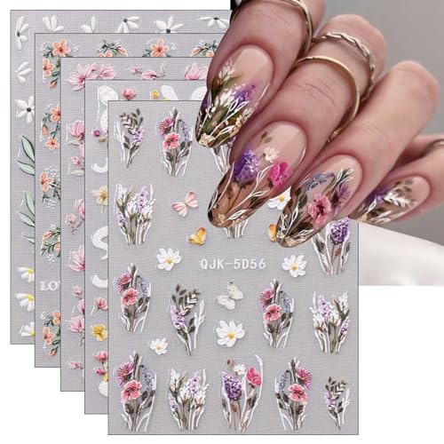 JMEOWIO 6 Blatt 3D Nagelsticker Frühlings Blume Nail Art Sticker Selbstklebend Nagelaufkleber 5D Stereoskopisch Bunte Sommer Blumen Dekoration Nageldesign Zubehör von jmeowio