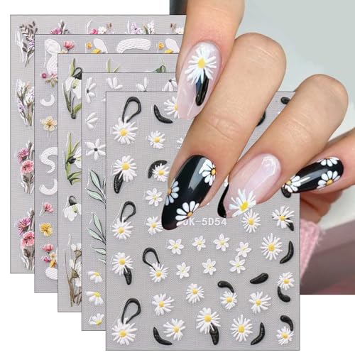 JMEOWIO 6 Blatt 3D Nagelsticker Frühlings Blume Nail Art Sticker Selbstklebend Nagelaufkleber 5D Stereoskopisch Bunte Sommer Blumen Dekoration Nageldesign Zubehör von jmeowio