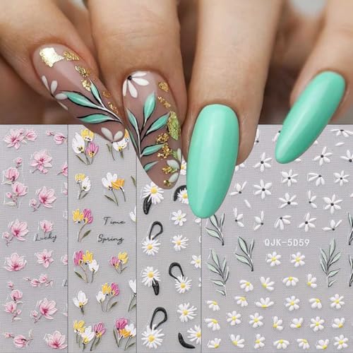 JMEOWIO 6 Blatt 3D Nagelsticker Frühlings Blume Nail Art Sticker Selbstklebend Nagelaufkleber 5D Stereoskopisch Bunte Sommer Blumen Dekoration Nageldesign Zubehör von jmeowio