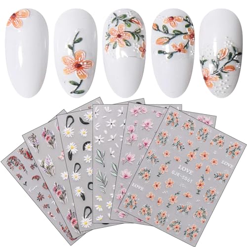 JMEOWIO 6 Blatt 3D Nagelsticker Frühlings Blume Nail Art Sticker Selbstklebend Nagelaufkleber 5D Stereoskopisch Bunte Sommer Blumen Dekoration Nageldesign Zubehör von jmeowio