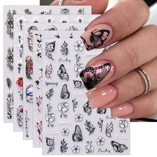 JMEOWIO 6 Blatt 3D Nagelsticker Frühlings Blume Nail Art Sticker Selbstklebend Nagelaufkleber 5D Stereoskopisch Bunte Sommer Blumen Dekoration Nageldesign Zubehör von jmeowio