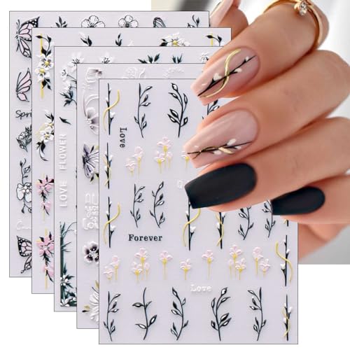 JMEOWIO 6 Blatt 3D Nagelsticker Frühlings Blume Nail Art Sticker Selbstklebend Nagelaufkleber 5D Stereoskopisch Bunte Sommer Blumen Dekoration Nageldesign Zubehör von jmeowio