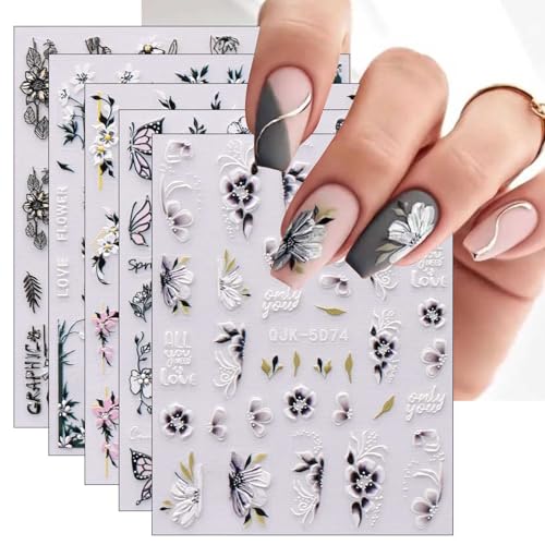 JMEOWIO 6 Blatt 3D Nagelsticker Frühlings Blume Nail Art Sticker Selbstklebend Nagelaufkleber 5D Stereoskopisch Bunte Sommer Blumen Dekoration Nageldesign Zubehör von jmeowio
