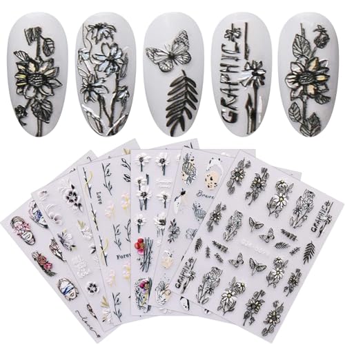 JMEOWIO 6 Blatt 3D Nagelsticker Frühlings Blume Nail Art Sticker Selbstklebend Nagelaufkleber 5D Stereoskopisch Bunte Sommer Blumen Dekoration Nageldesign Zubehör von jmeowio