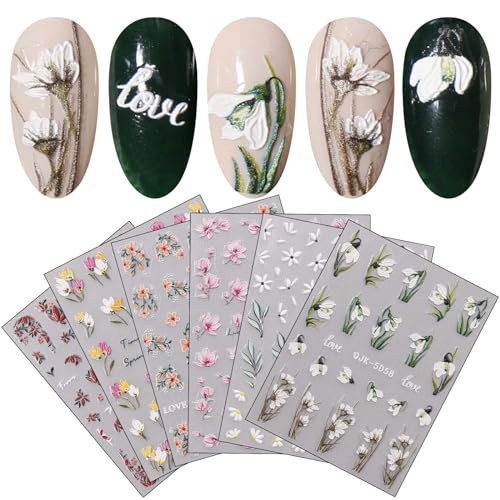 JMEOWIO 6 Blatt 3D Nagelsticker Frühlings Blume Nail Art Sticker Selbstklebend Nagelaufkleber 5D Stereoskopisch Bunte Sommer Blumen Dekoration Nageldesign Zubehör von jmeowio