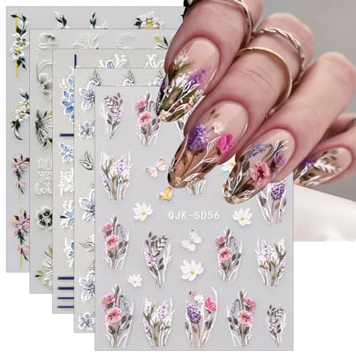 JMEOWIO 6 Blatt 3D Nagelsticker Frühlings Blume Nail Art Sticker Selbstklebend Nagelaufkleber 5D Stereoskopisch Sommer Blumen Dekoration Nageldesign Zubehör von jmeowio