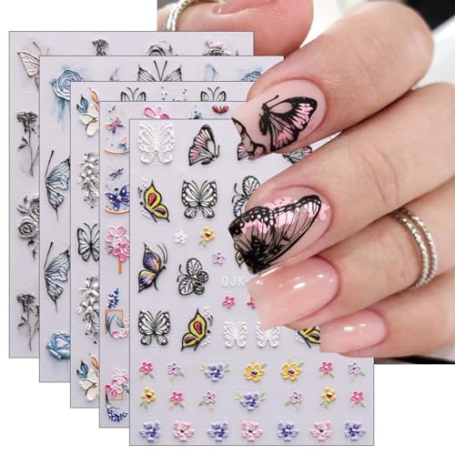 JMEOWIO 6 Blatt 3D Nagelsticker Schmetterling Blume Nail Art Sticker Selbstklebend Nagelaufkleber 5D Stereoskopisch Frühlings Blumen Dekoration Nageldesign Zubehör von jmeowio