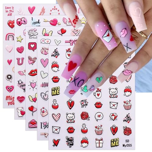 JMEOWIO 6 Blatt 3D Nagelsticker Valentinstag Herz Nail Art Sticker Selbstklebend Nagelaufkleber 5D Stereoskopisch Bunt Süß Dekoration Nageldesign Zubehör von jmeowio