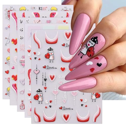 JMEOWIO 6 Blatt 3D Nagelsticker Valentinstag Herz Nail Art Sticker Selbstklebend Nagelaufkleber 5D Stereoskopisch Süß Dekoration Nageldesign Zubehör von jmeowio