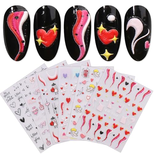 JMEOWIO 6 Blatt 3D Nagelsticker Valentinstag Herz Nail Art Sticker Selbstklebend Nagelaufkleber 5D Stereoskopisch Süß Dekoration Nageldesign Zubehör von jmeowio