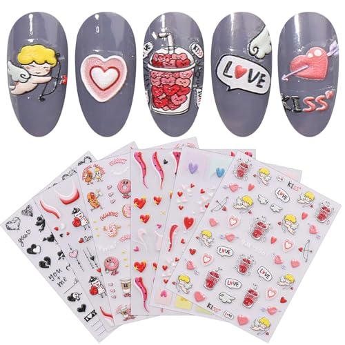 JMEOWIO 6 Blatt 3D Nagelsticker Valentinstag Herz Nail Art Sticker Selbstklebend Nagelaufkleber 5D Stereoskopisch Süß Dekoration Nageldesign Zubehör von jmeowio