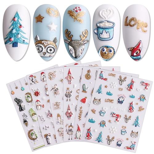 JMEOWIO 6 Blatt 3D Nagelsticker Weihnachten Glitzer Frohes Neues Jahr Nail Art Sticker Selbstklebend Nagelaufkleber 5D Stereoskopisch Schneeflocke Winterurlaub Niedlich Dekoration Nageldesign Zubehör von jmeowio