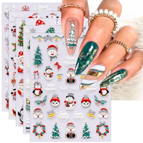 JMEOWIO 6 Blatt 3D Nagelsticker Weihnachten Glitzer Nail Art Sticker Selbstklebend Nagelaufkleber 5D Stereoskopisch Schneeflocken Winter Niedlich Dekoration Nageldesign Zubehör von jmeowio