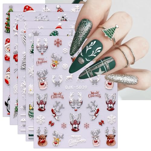 JMEOWIO 6 Blatt 3D Nagelsticker Weihnachten Glitzer Nail Art Sticker Selbstklebend Nagelaufkleber 5D Stereoskopisch Schneeflocken Winter Niedlich Dekoration Nageldesign Zubehör von jmeowio