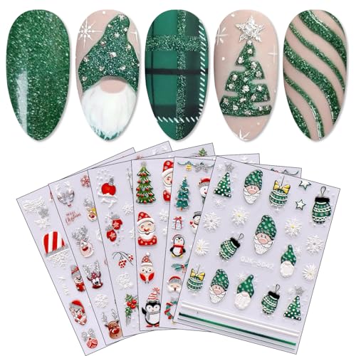 JMEOWIO 6 Blatt 3D Nagelsticker Weihnachten Glitzer Nail Art Sticker Selbstklebend Nagelaufkleber 5D Stereoskopisch Schneeflocken Winter Niedlich Dekoration Nageldesign Zubehör von jmeowio