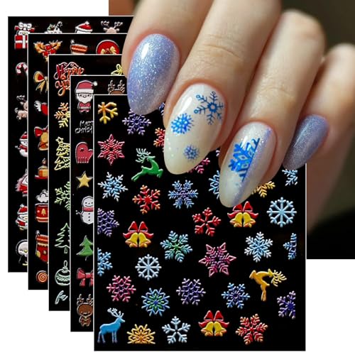 JMEOWIO 6 Blatt 3D Nagelsticker Weihnachten Nail Art Sticker Selbstklebend Nagelaufkleber 5D Stereoskopisch Schneeflocke Winterurlaub Niedlich Dekoration Nageldesign Zubehör von jmeowio