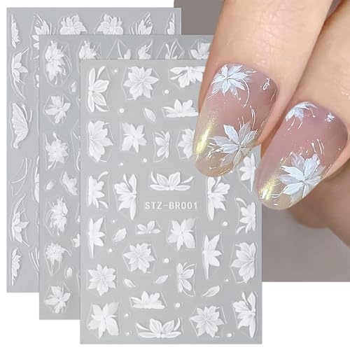 JMEOWIO 6 Blatt 3D Nagelsticker Weiße Blume Nail Art Sticker Selbstklebend Nagelaufkleber 5D Stereoskopisch Frühlings Sommer Blumen Dekoration Nageldesign Zubehör von jmeowio