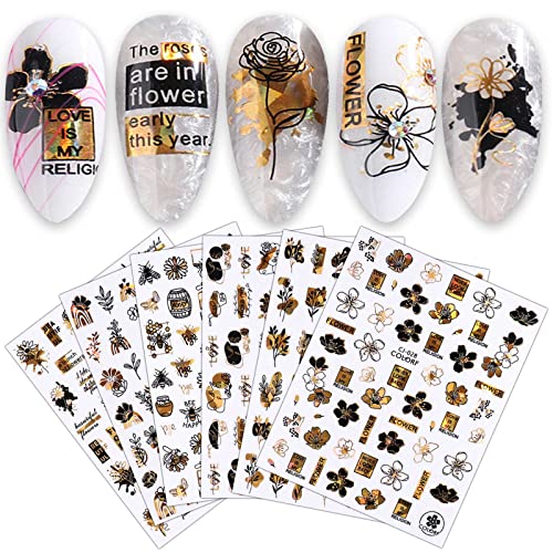 JMEOWIO Frühling Nagelsticker Gold Metallic Blumen 9 Blätter Nagelaufkleber Selbstklebend Blume Schmetterling Nail Art Dekoration Nagel Design Zubehör für Frauen Mädchen von jmeowio