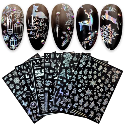 JMEOWIO Nagelsticker Aurora Weihnachten 9 Blatt Nagelaufkleber Selbstklebend Rose Gold Schneeflocken Winter Nail Art Sticker Dekoration Nageldesign Zubehör von jmeowio