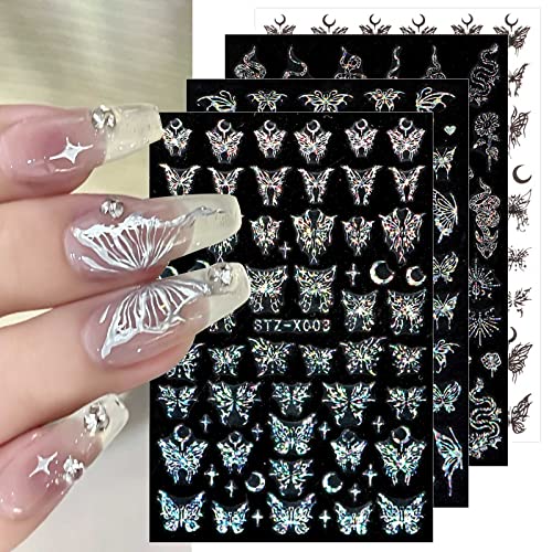 JMEOWIO Nagelsticker Aurora Holografischer Schmetterling 6 Blatt Nail Art Sticker Selbstklebend Nagelaufkleber Sommer Frühlings Dekoration Nageldesign Zubehör von jmeowio