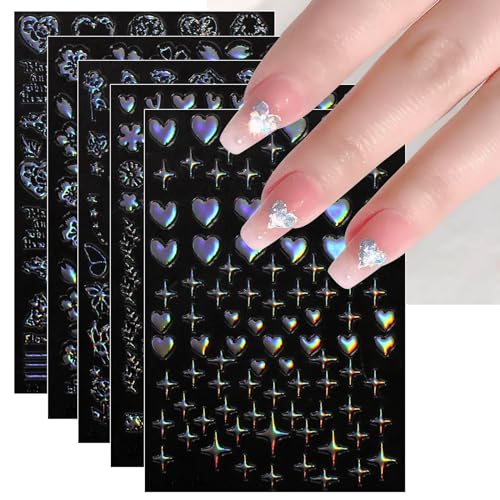 JMEOWIO Nagelsticker Aurora Stern Herz 12 Blatt Nail Art Sticker Selbstklebend Nagelaufkleber Bunt Dekoration Nageldesign Zubehör von jmeowio