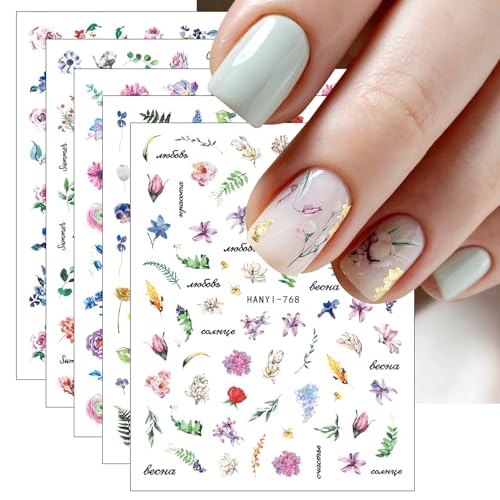 JMEOWIO Nagelsticker Blume Blätter 9 Blatt Nail Art Sticker Selbstklebend Nagelaufkleber Frühlings Sommer Blumen Dekoration Nageldesign Zubehör von jmeowio