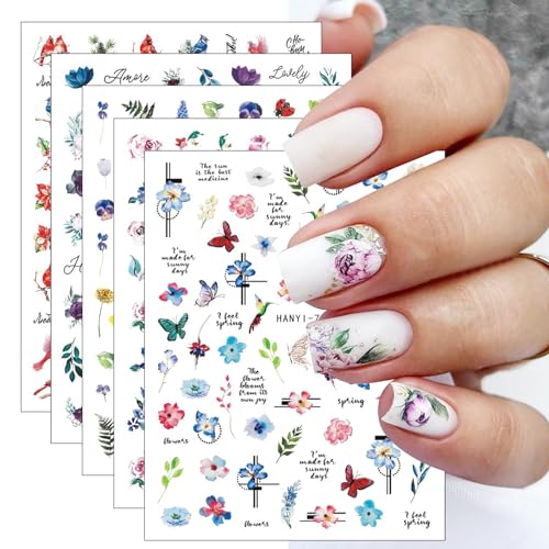 JMEOWIO Nagelsticker Blume Schmetterling 9 Blatt Nail Art Sticker Selbstklebend Nagelaufkleber Frühlings Sommer Blumen Dekoration Nageldesign Zubehör von jmeowio