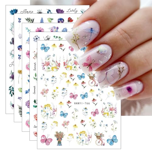 JMEOWIO Nagelsticker Blume Schmetterling 9 Blatt Nail Art Sticker Selbstklebend Nagelaufkleber Frühlings Sommer Blumen Dekoration Nageldesign Zubehör von jmeowio