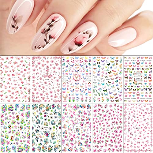 JMEOWIO Nagelsticker Frühling Blumen 10 Blätter Nagelaufkleber Selbstklebend Blume Schmetterling Nail Art Dekoration NagelDesign Zubehör für Frauen Mädchen von jmeowio