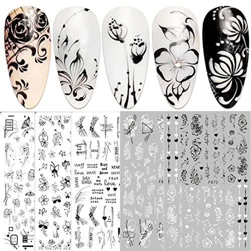 JMEOWIO Nagelsticker Blumen 10 Blatt Nagelaufkleber Selbstklebend Black White Blossom Nail Art Sticker Dekoration Nageldesign Zubehör von jmeowio