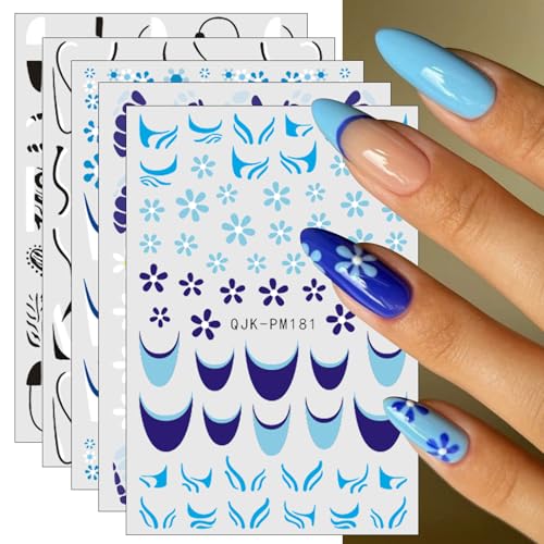 JMEOWIO Nagelsticker Blumen Französisch Tipp 12 Blatt Nail Art Sticker Selbstklebend Nagelaufkleber Blau Weiss Dekoration Nageldesign Zubehör von jmeowio