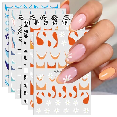 JMEOWIO Nagelsticker Blumen Französisch Tipp 12 Blatt Nail Art Sticker Selbstklebend Nagelaufkleber Buntes Weiß Dekoration Nageldesign Zubehör von jmeowio