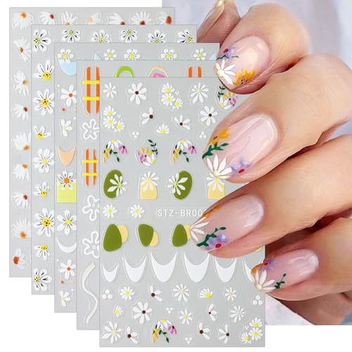 JMEOWIO Nagelsticker Blumen Gänseblümchen 6 Blatt Nail Art Sticker Selbstklebend Nagelaufkleber Frühlings Sommer Blume Dekoration Nageldesign Zubehör von jmeowio