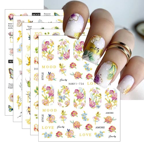 JMEOWIO Nagelsticker Blumen Schmetterling 9 Blatt Nail Art Sticker Selbstklebend Nagelaufkleber Frühlings Blume Dekoration Nageldesign Zubehör von jmeowio