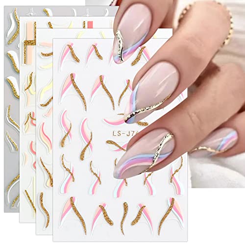 JMEOWIO Nagelsticker Französischer Tipp 9 Blatt Nail Art Sticker Selbstklebend Nagelaufkleber Glitzer Wellenlinie Dekoration Nageldesign Zubehör von jmeowio