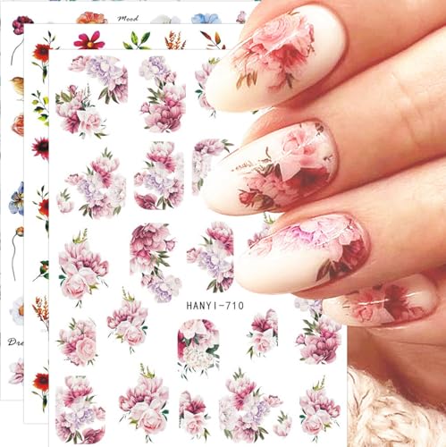 JMEOWIO Nagelsticker Frühling Blume 10 Blatt Nail Art Sticker Selbstklebend Nagelaufkleber Buntes Blumen Sommer Dekoration Nageldesign Zubehör von jmeowio
