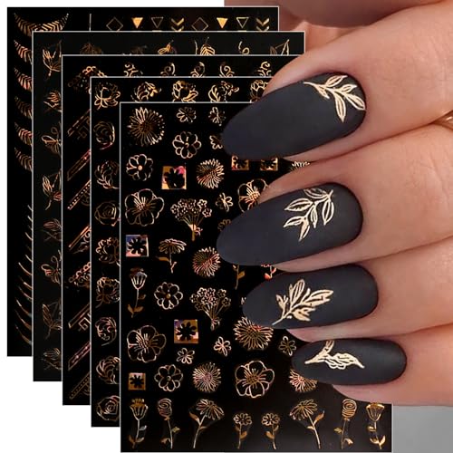 JMEOWIO Nagelsticker Frühling Blume 12 Blatt Nail Art Sticker Selbstklebend Nagelaufkleber Sommer Blumen Gold Dekoration Nageldesign Zubehör von jmeowio