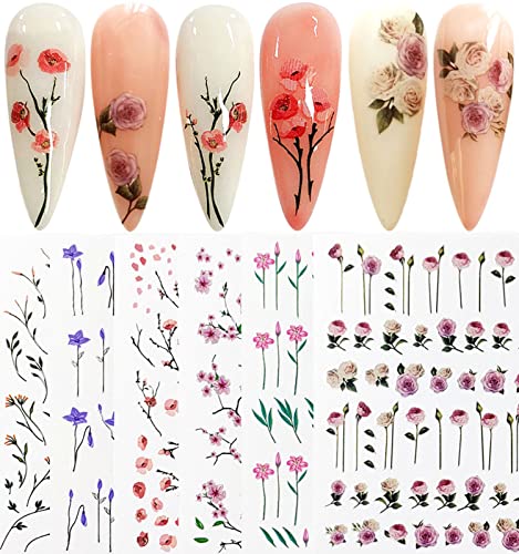 JMEOWIO Nagelsticker Frühling Blume 6 Blätter Nagelaufkleber Selbstklebend Frische Kirschblüte Weide Winde Design Nail Art Dekoration NagelDesign Zubehör für Frauen Mädchen von jmeowio