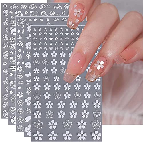 JMEOWIO Nagelsticker Frühling Weiße Blume 9 Blatt Nail Art Sticker Selbstklebend Nagelaufkleber Sommer Blumen Dekoration Nageldesign Zubehör von jmeowio