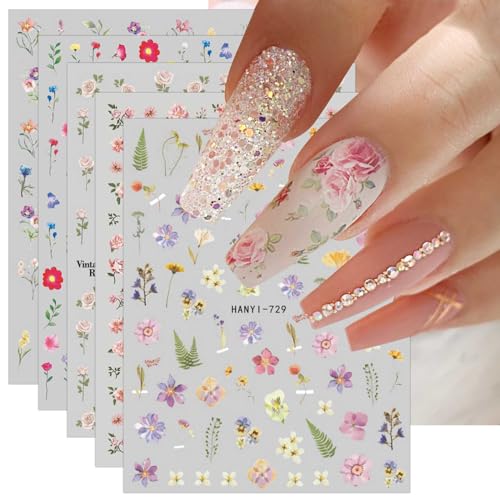 JMEOWIO Nagelsticker Frühlings Blume 9 Blatt Nail Art Sticker Selbstklebend Nagelaufkleber Bunte Sommer Blumen Dekoration Nageldesign Zubehör von jmeowio