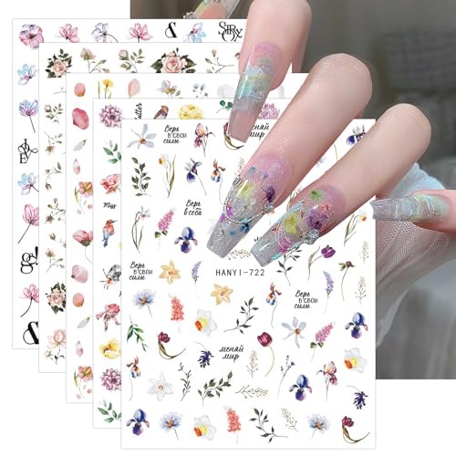 JMEOWIO Nagelsticker Frühlings Blume 9 Blatt Nail Art Sticker Selbstklebend Nagelaufkleber Bunte Sommer Blumen Dekoration Nageldesign Zubehör von jmeowio