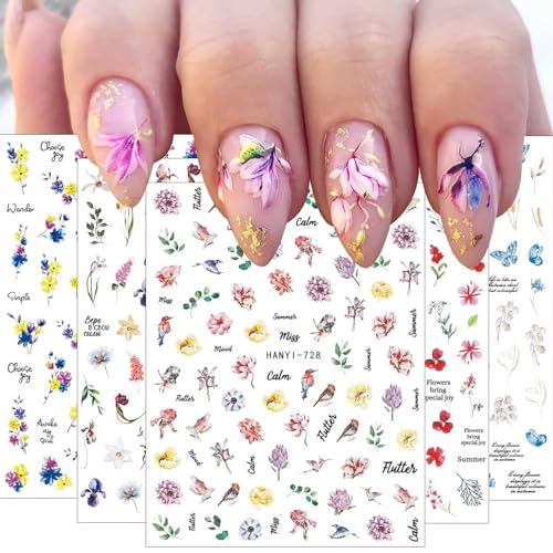 JMEOWIO Nagelsticker Frühlings Blume 9 Blatt Nail Art Sticker Selbstklebend Nagelaufkleber Bunte Sommer Blumen Dekoration Nageldesign Zubehör von jmeowio