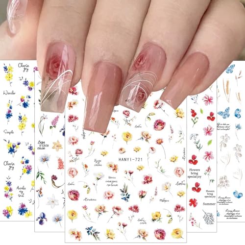 JMEOWIO Nagelsticker Frühlings Blume 9 Blatt Nail Art Sticker Selbstklebend Nagelaufkleber Bunte Sommer Blumen Dekoration Nageldesign Zubehör von jmeowio