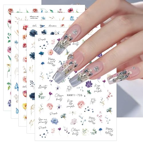 JMEOWIO Nagelsticker Frühlings Blume 9 Blatt Nail Art Sticker Selbstklebend Nagelaufkleber Bunte Sommer Blumen Dekoration Nageldesign Zubehör von jmeowio