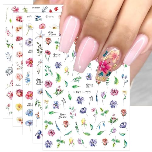 JMEOWIO Nagelsticker Frühlings Blume 9 Blatt Nail Art Sticker Selbstklebend Nagelaufkleber Bunte Sommer Blumen Dekoration Nageldesign Zubehör von jmeowio