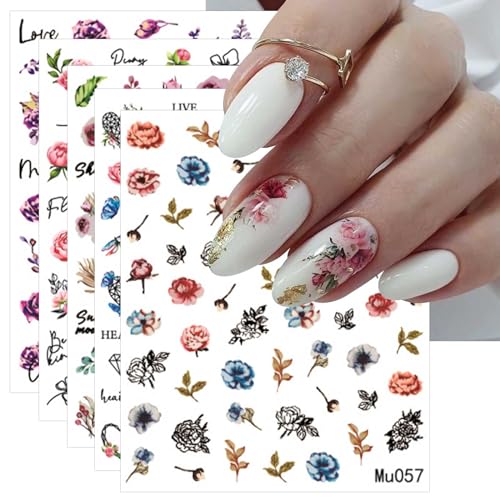 JMEOWIO Nagelsticker Frühlings Blume 9 Blatt Nail Art Sticker Selbstklebend Nagelaufkleber Bunte Sommer Blumen Schmetterling Dekoration Nageldesign Zubehör von jmeowio