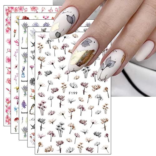 JMEOWIO Nagelsticker Frühlings Blume 9 Blatt Nail Art Sticker Selbstklebend Nagelaufkleber Buntes Sommer Blumen Dekoration Nageldesign Zubehör von jmeowio