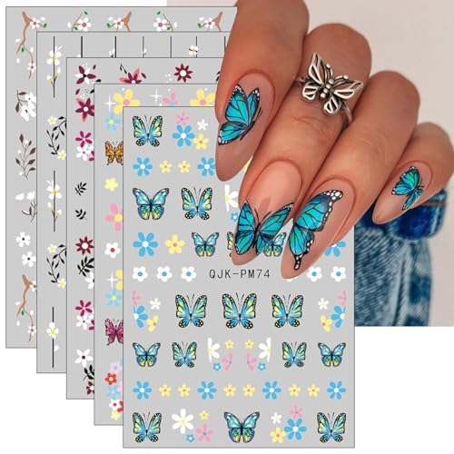 JMEOWIO Nagelsticker Frühlings Blume Schmetterling 10 Blatt Nail Art Sticker Selbstklebend Nagelaufkleber Bunte Sommer Blumen Dekoration Nageldesign Zubehör von jmeowio