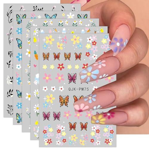 JMEOWIO Nagelsticker Frühlings Blume Schmetterling 10 Blatt Nail Art Sticker Selbstklebend Nagelaufkleber Bunte Sommer Blumen Dekoration Nageldesign Zubehör von jmeowio